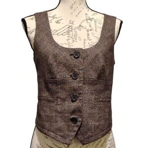 Academia Vest Womens Brown Plaid Waistcoat 6 Button Scoop Neck Steampunk Poet